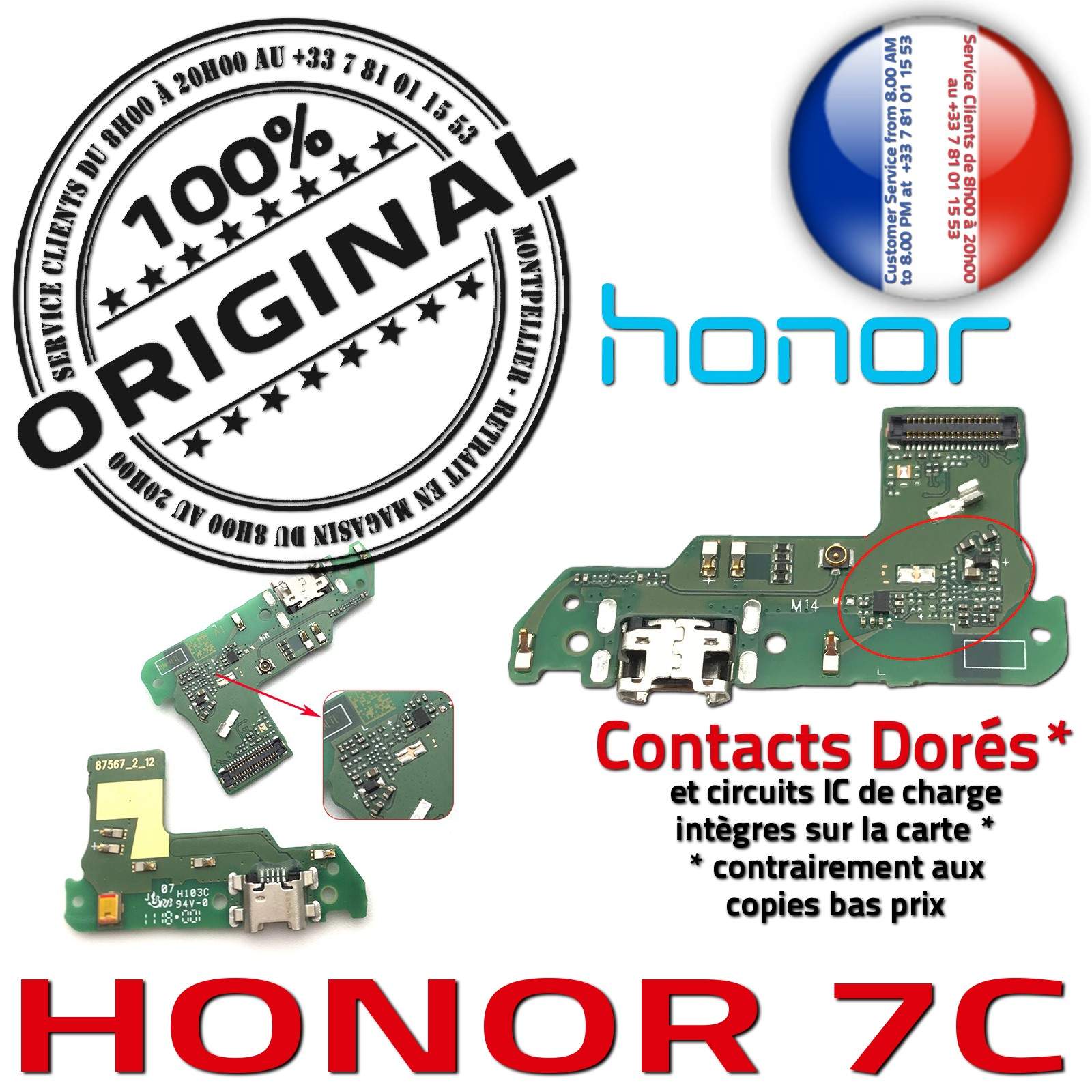 Honor 7C Prise Alimentation Chargeur USB Type-C ORIGINAL Téléphone PORT Nappe Charge OFFICIELLE Qualité Microphone Antenne Câble